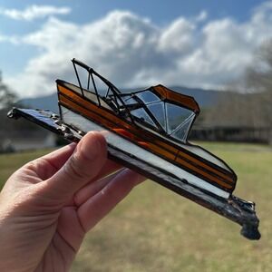 Vtg Stained Glass Speedboat Sculpture Signed Cal Cheney '86 Nautical Handcrafted